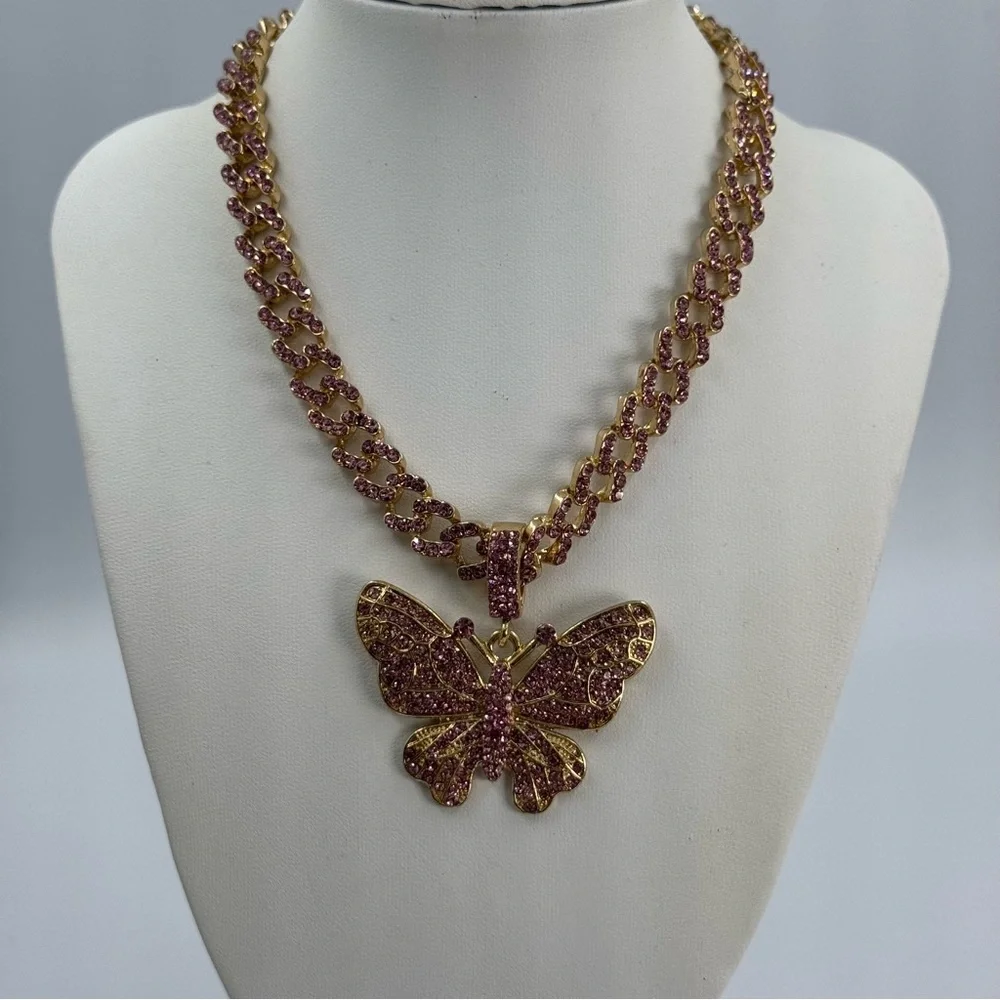 Gold Tone and Pink Rhinestone Cuban Link Butterfly Necklace Small Choker or Kids
